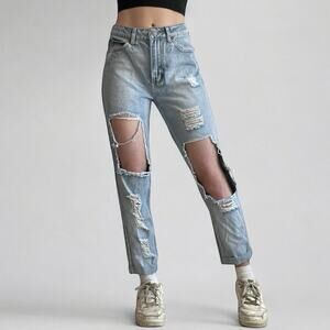 The Rockn Rev Super Distressed High Rise Light Wash Cuffed Jeans
